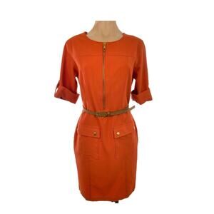 Sharagano Orange Belted Dress Front Exposed Zip - Cargo Pocket Tab Sleeve Sz 6